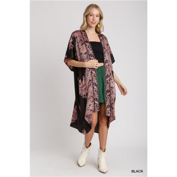 Umgee Satin Border Print Short Sleeve Open Front Kimono - Picture 4 of 4